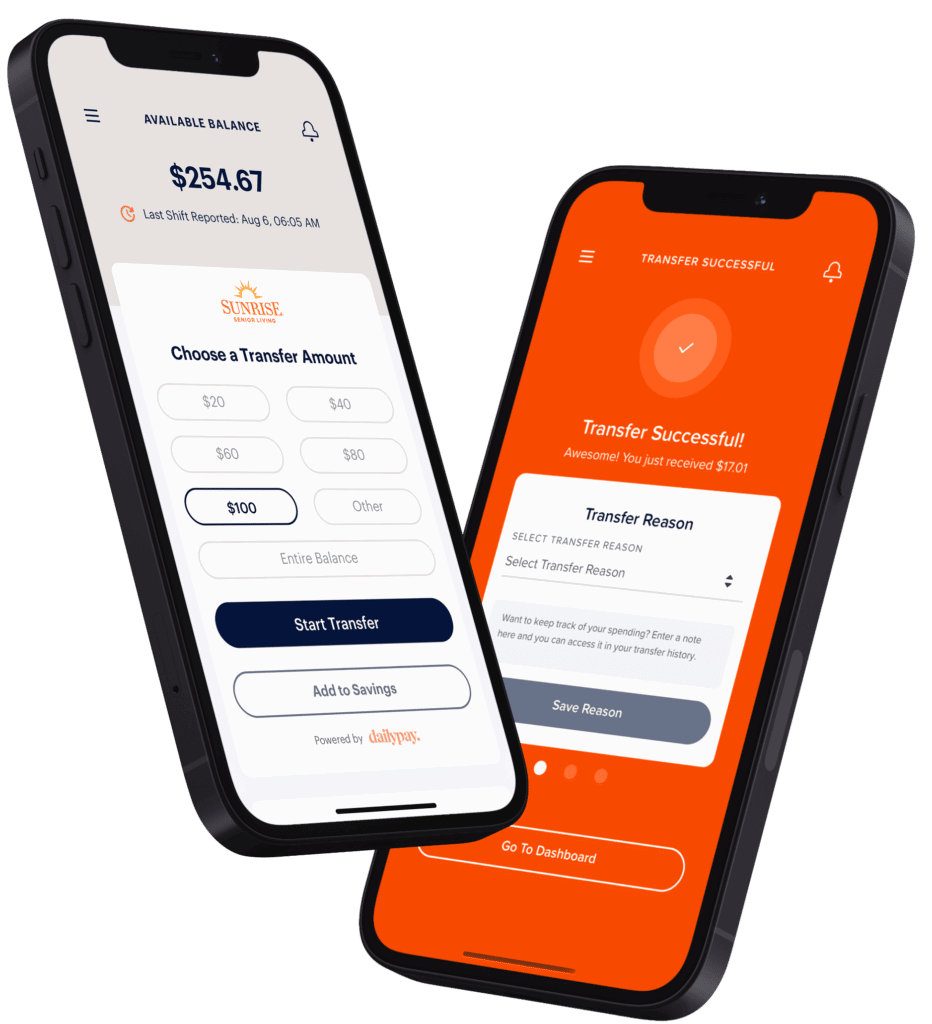 Two smartphones display a mobile banking app interface. The left screen shows a transfer amount selection with a balance of $254.67. The right screen confirms a successful transfer of $170.01.