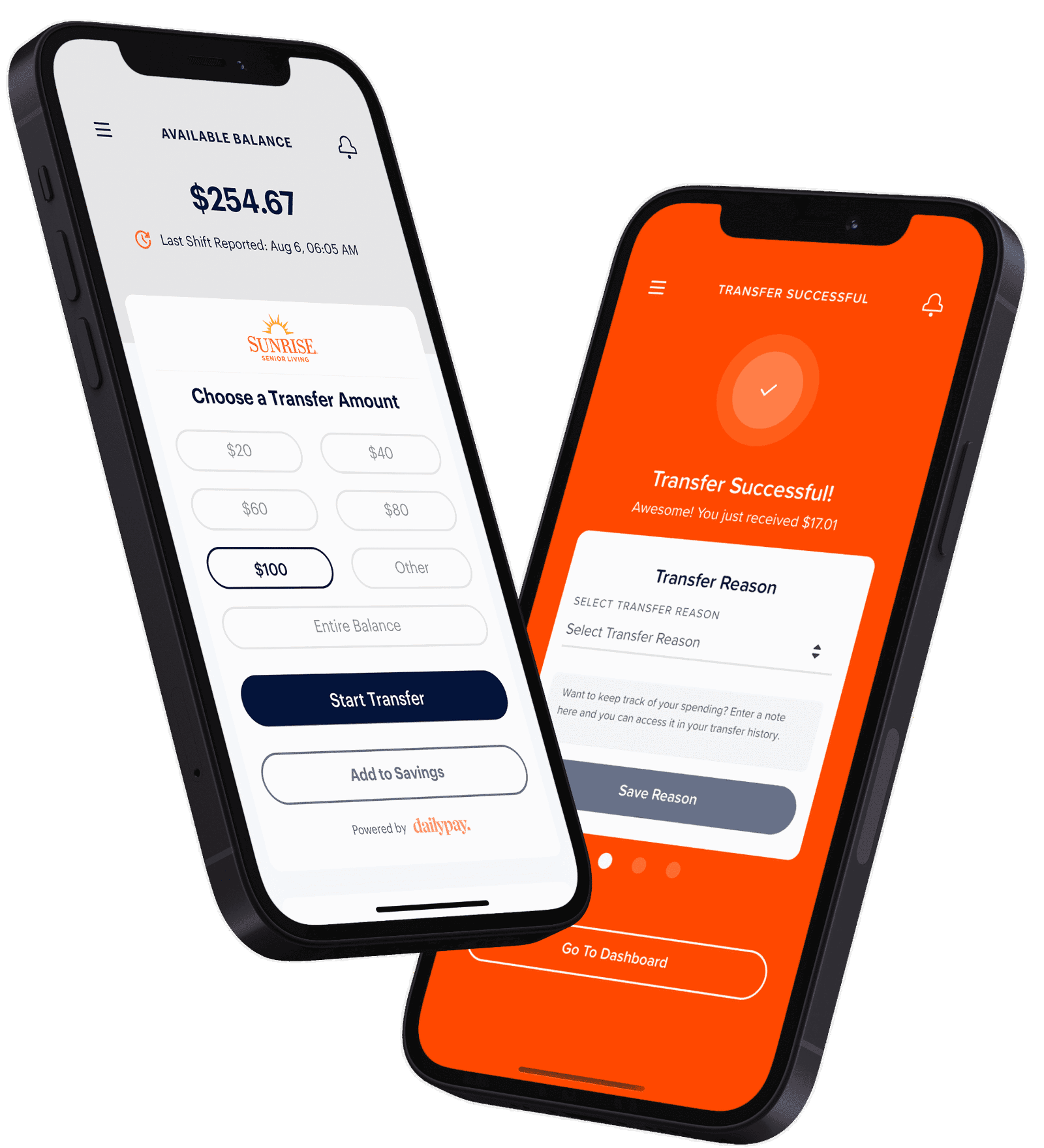 Two smartphones display a mobile banking app interface. The left screen shows a transfer amount selection with a balance of $254.67. The right screen confirms a successful transfer of $170.01.