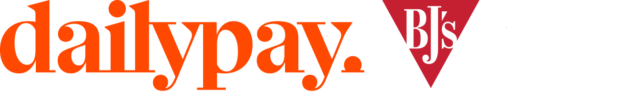 The image displays the logos of DailyPay in orange text and BJ's in a red triangle.