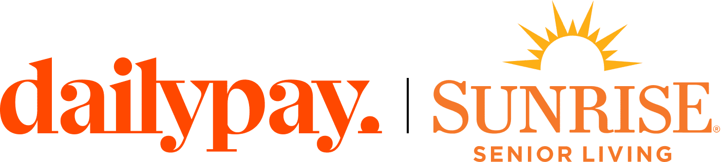 Logo featuring "dailypay" in orange lowercase letters and "Sunrise Senior Living" with a sunrise graphic above in orange and yellow.