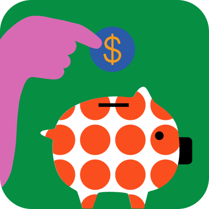 A hand places a blue coin with a dollar sign into a white and orange polka-dotted piggy bank against a green background.