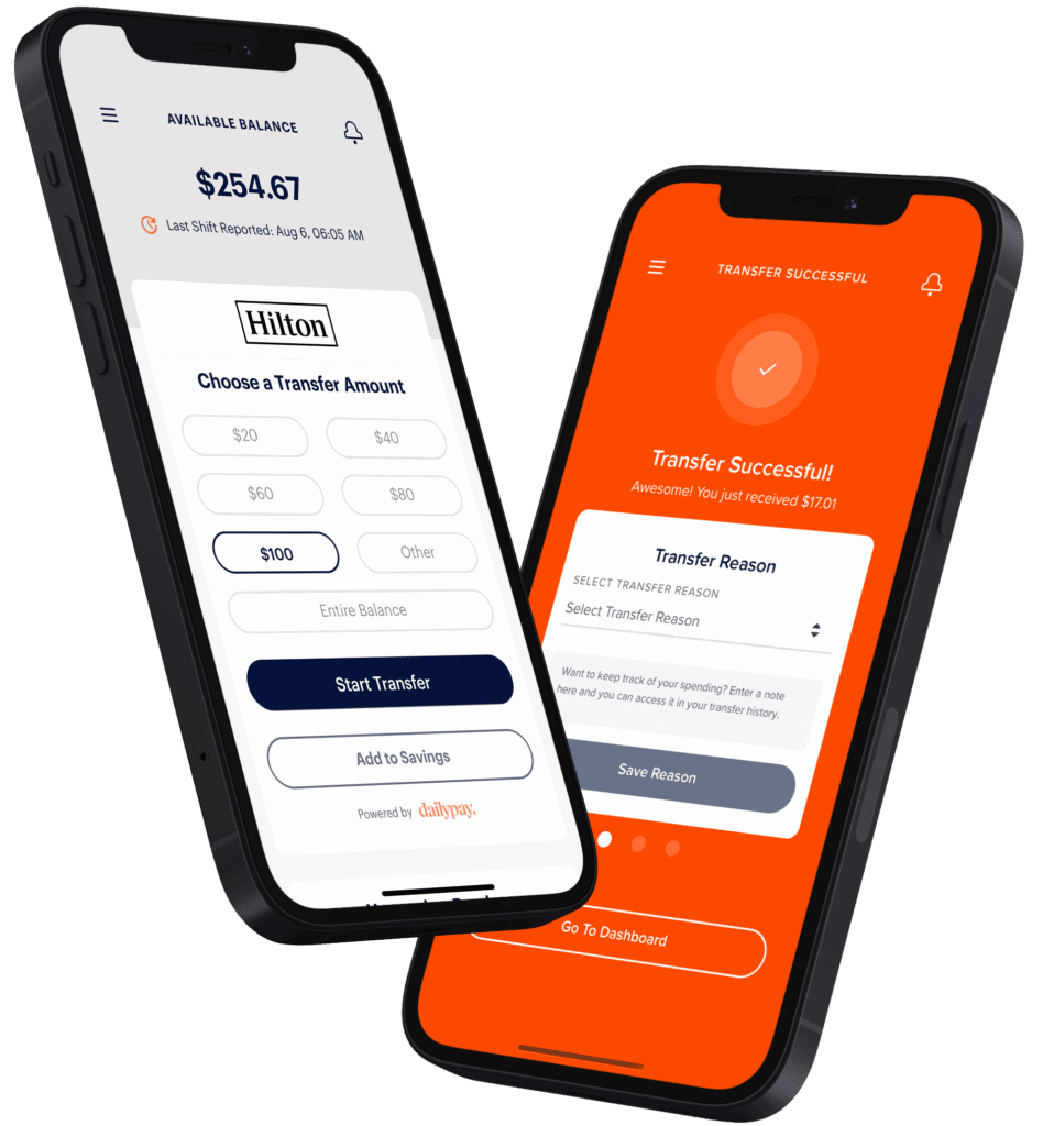 Two smartphone screens: one shows a banking app with a transfer amount selection and balance of $254.67, the other confirms a successful transfer of $100.