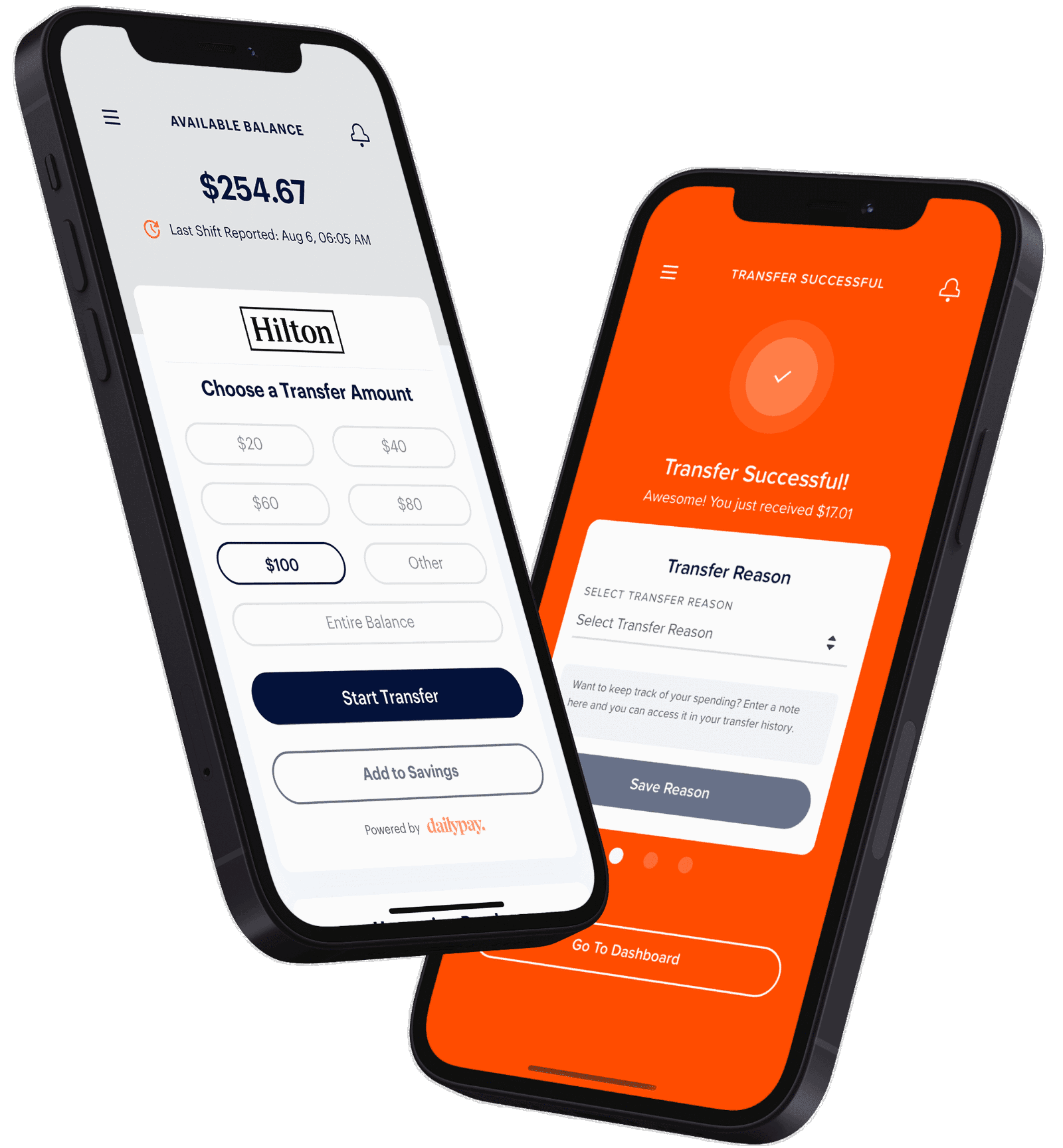 Two smartphone screens: one shows a banking app with a transfer amount selection and balance of $254.67, the other confirms a successful transfer of $100.