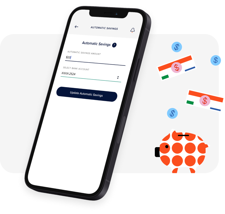 Smartphone displaying an automatic savings screen with currency symbols and a piggy bank illustration around it.