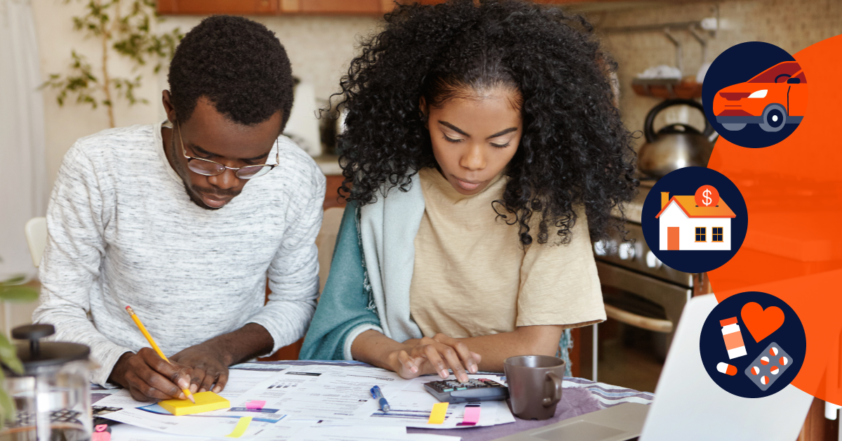 A man and woman work on finances at a table with papers and a calculator; icons for car, house, and health insurance appear on the right.