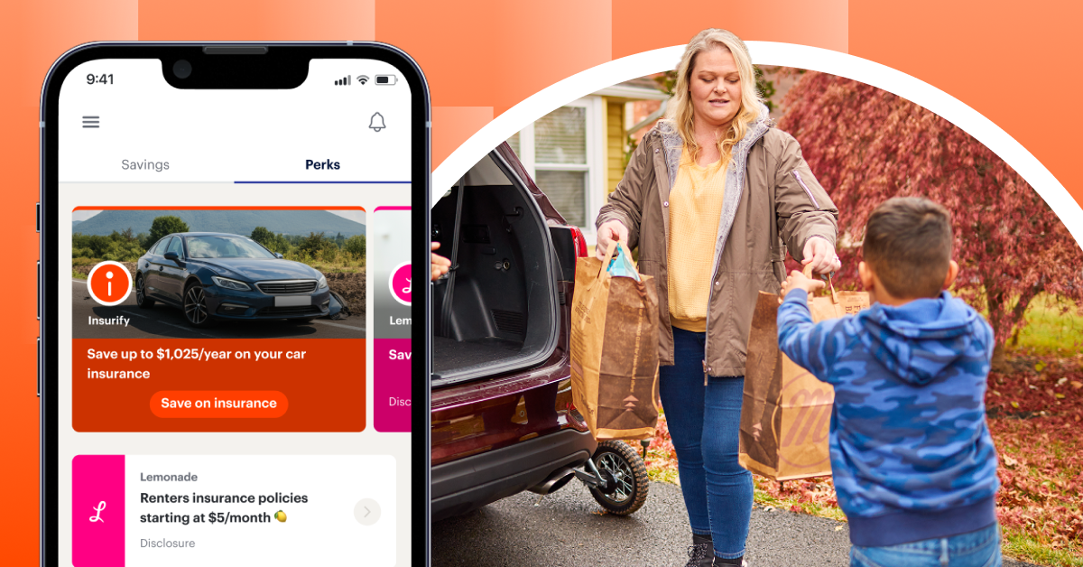 A woman hands grocery bags to a child near a car. An overlaid smartphone screen displays savings and insurance offers in a finance app.