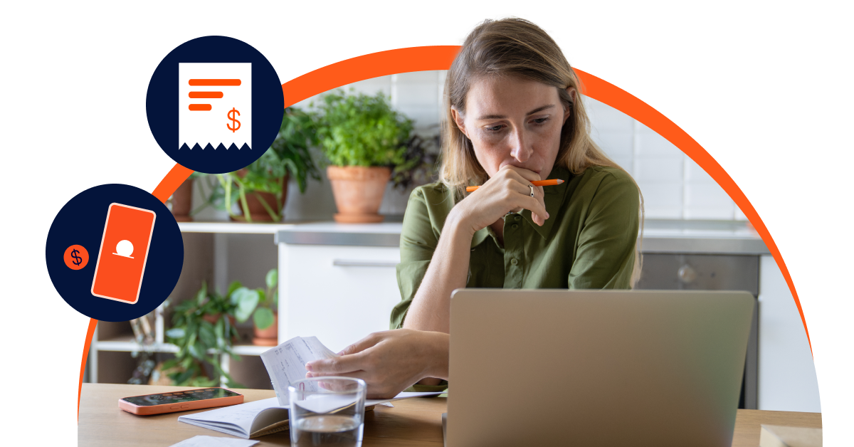 A woman sits at a table with a laptop, bills, and a pen, appearing thoughtful; icons of a receipt and a mobile device with dollar signs are displayed nearby.