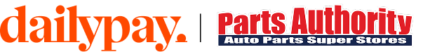 Logos for DailyPay and Parts Authority Auto Parts Super Stores appear side by side on a light background.