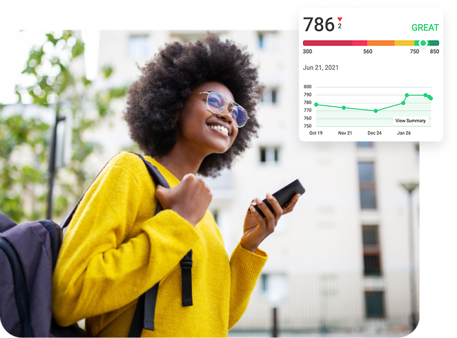A smiling woman with a backpack and phone stands outdoors; an overlay shows a credit score of 786 labeled "GREAT" with a line graph depicting the score's history.