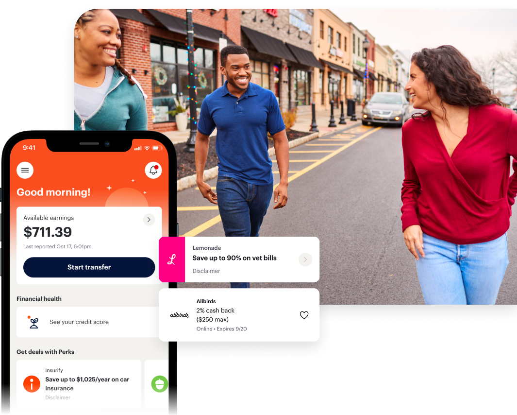 Two women and a man walk and smile on a city street; an app interface shows a $711.39 balance and financial perks on a smartphone.