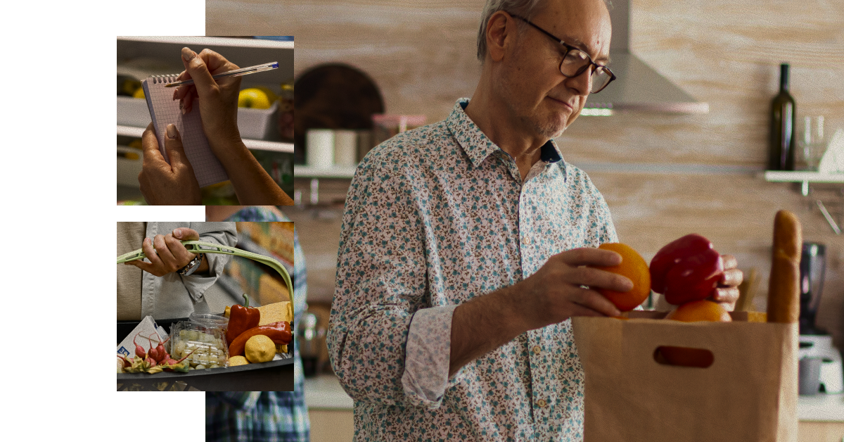 An older man unpacks groceries in a kitchen. Inset images show a hand writing a shopping list and another hand placing groceries into a cart.