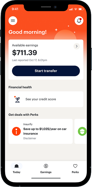 Smartphone screen showing a finance app with $711.39 in available earnings, options to start a transfer, check credit score, and a perk for saving on car insurance.