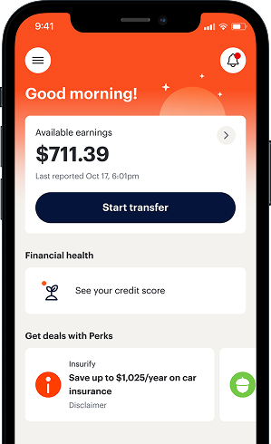 A smartphone screen displays an earnings app showing $711.39 available, a "Start transfer" button, credit score option, and car insurance savings offer.