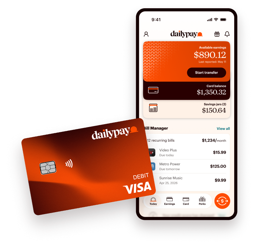 A DailyPay Visa debit card overlapping a smartphone screen displaying the DailyPay app account dashboard.